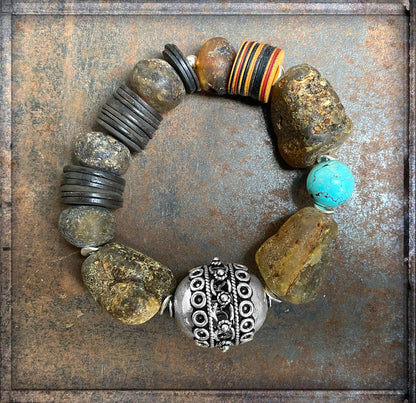 Ethno Boho Armband Rohbernstein Kokosscheiben Bakelit Türkis 925 Silber Dehnbar Unikat