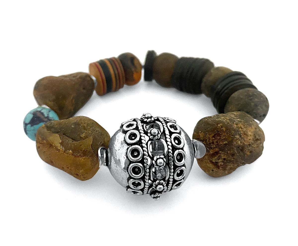 Ethno Boho Armband Rohbernstein Kokosscheiben Bakelit Türkis 925 Sterling Silber Dehnbar Unikat