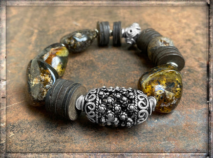 Ethno Boho Armband Rohbernstein Kokosscheiben Braun Sterling Silber Dehnbar Unikat