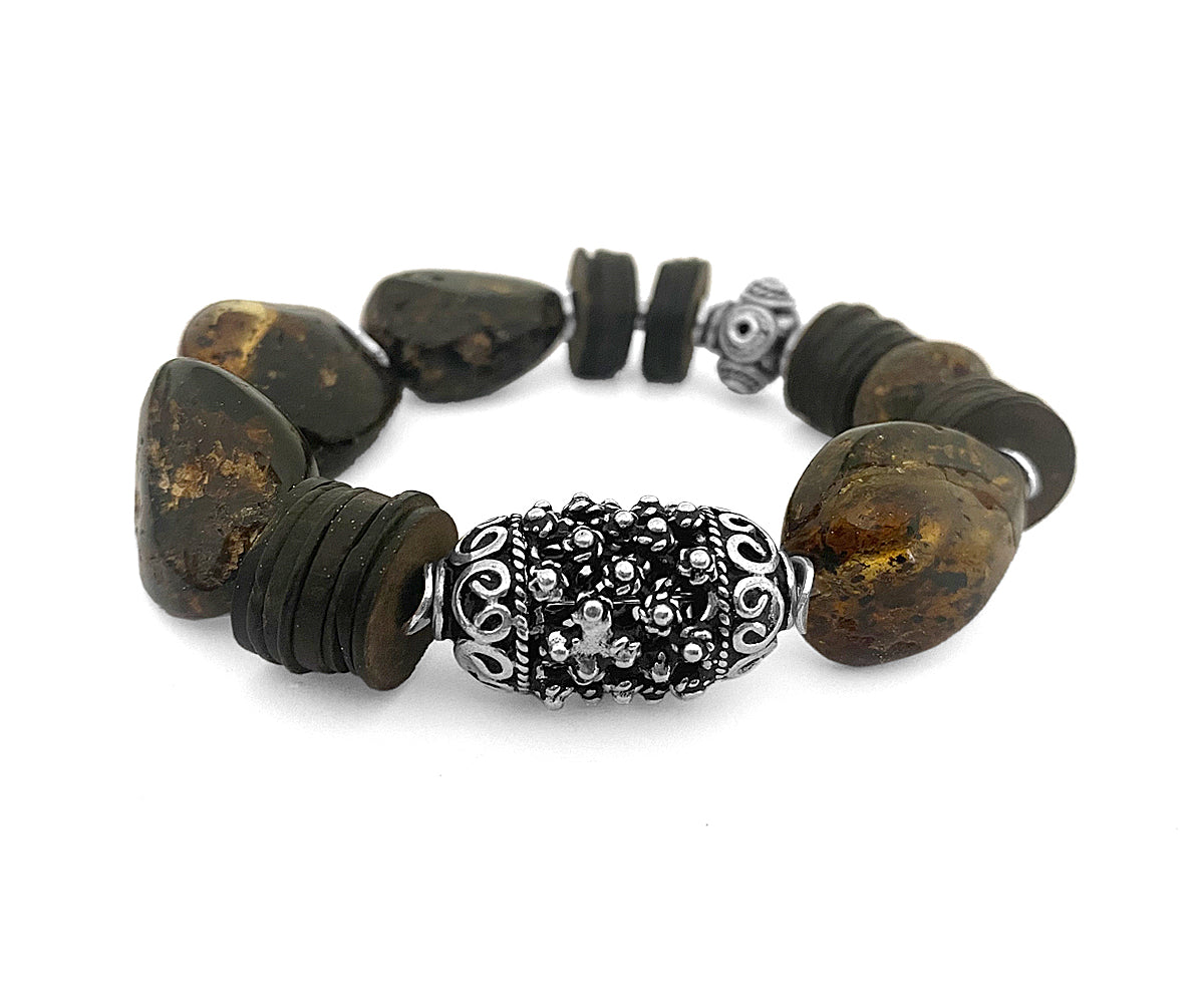 Ethno Boho Armband Rohbernstein Kokosscheiben Braun 925 Sterling Silber Dehnbar Unikat