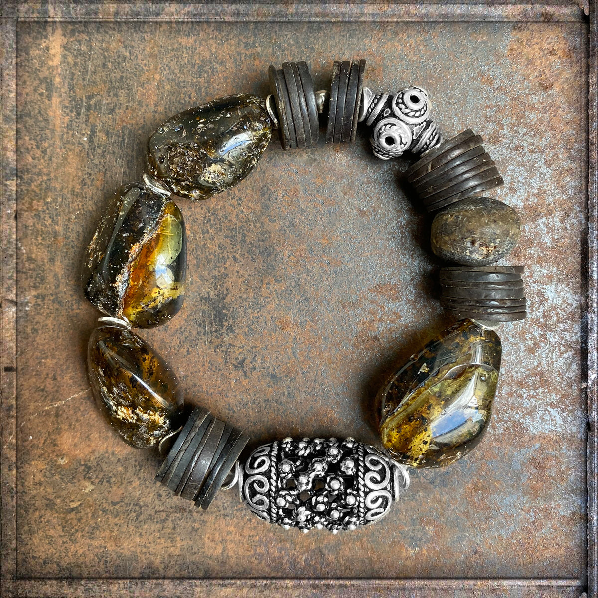 Ethno Boho Armband Rohbernstein Kokosscheiben Braun 925 Silber Dehnbar Unikat