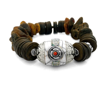 Armband Rohbernstein Ethno Boho Kokosscheiben Tribalperle 925 Silber Dehnbar Unikat