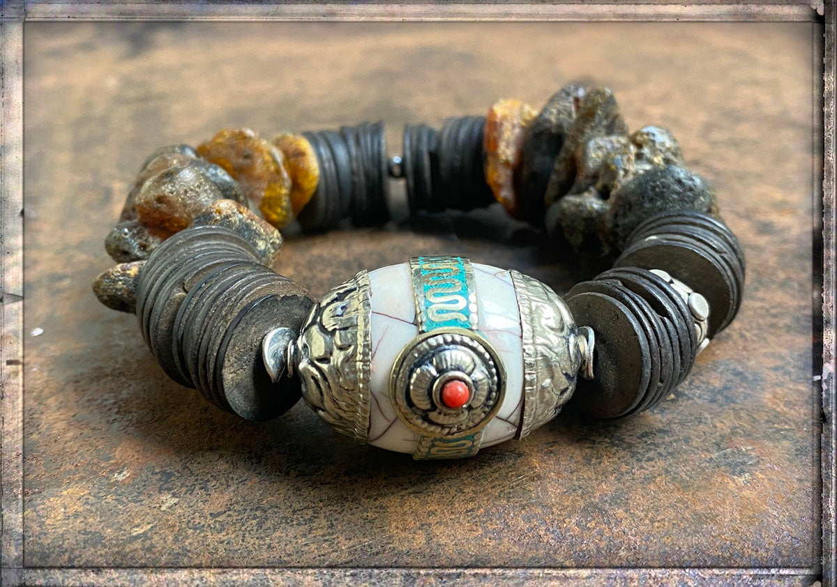 Armband Rohbernstein Ethno Boho Kokosscheiben Tribalperle Sterling Silber Dehnbar Unikat