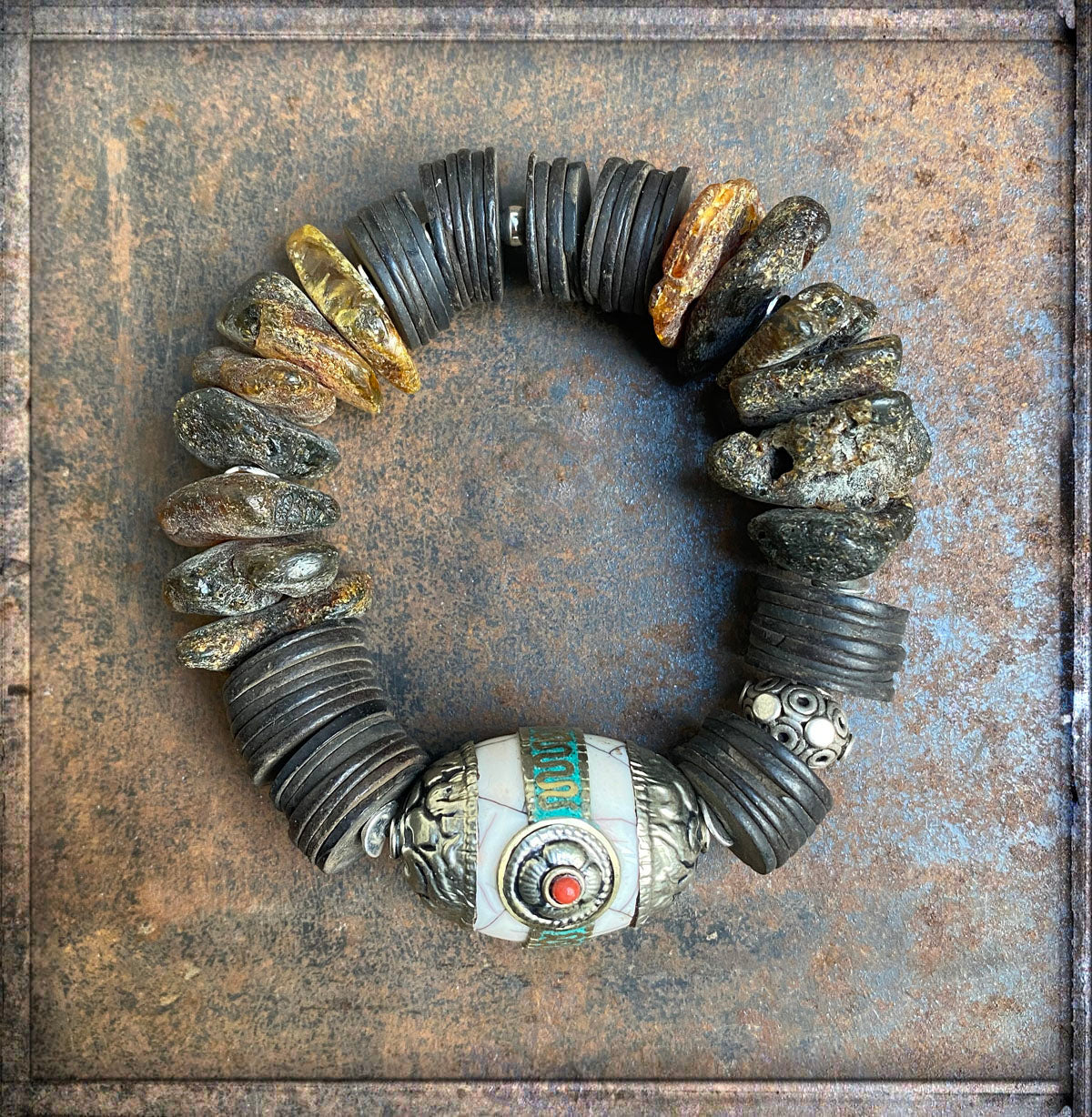 Armband Rohbernstein Ethno Boho Kokosscheiben Tribalperle 925 Sterling Silber Dehnbar Unikat