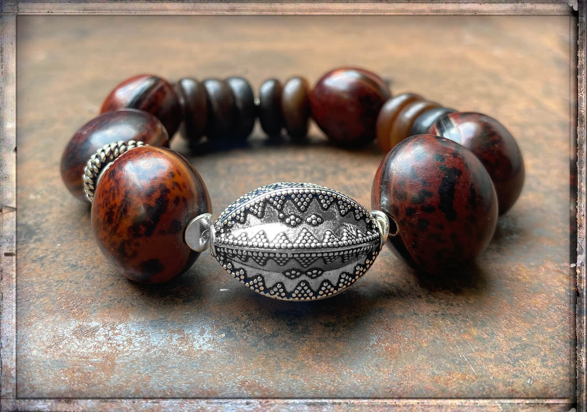 Armband Samenkugeln Braun Ethno Boho Horn 925 Silber Dehnbar Unikat