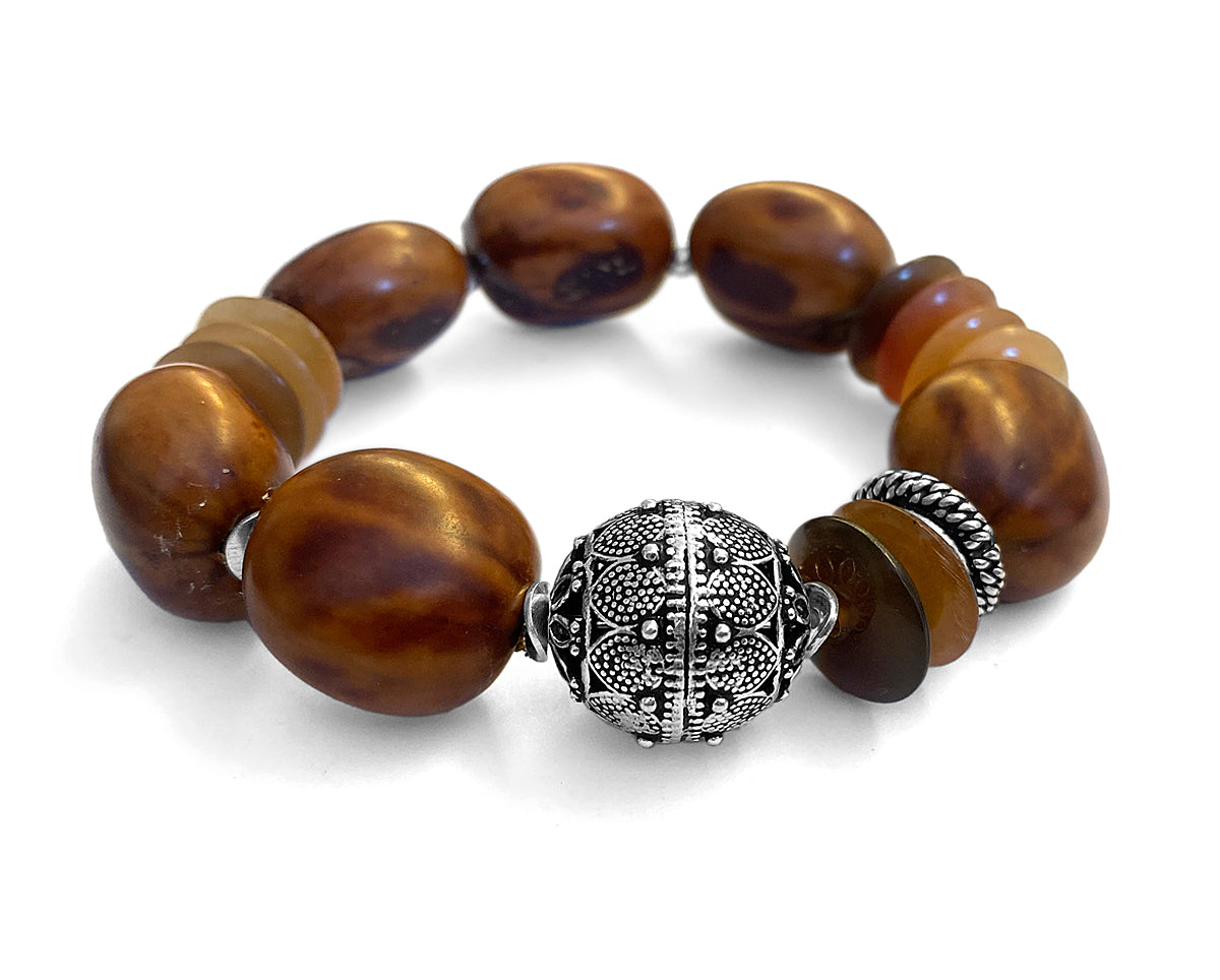 Armband Samenkugeln Cognacfarben Ethno Boho Horn 925 Sterling Silber Unikat Dehnbar