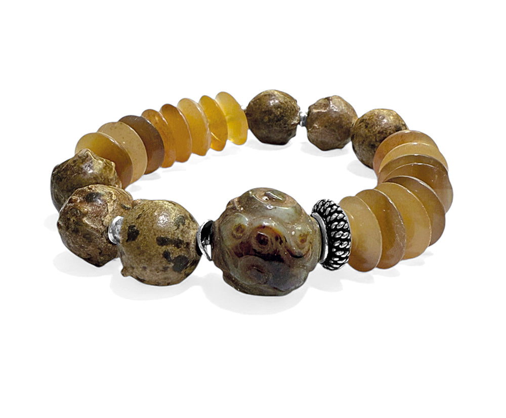 Armband Ethno Boho Samenperlen Jade Horn Sterling Silber Dehnbar Unikat Schmuck Reichenberger