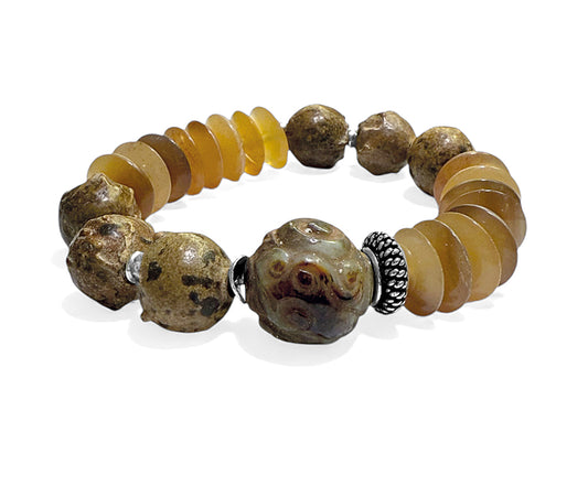 Armband Ethno Boho Samenperlen Jade Horn Sterling Silber Dehnbar Unikat Schmuck Reichenberger