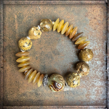 Armband Ethno Boho Samenperlen Jade Horn 925 Sterling Silber Dehnbar Unikat Schmuck Reichenberger