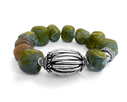 Armband Serpentin Grün Oliv Ethno Boho Horn 925 Sterling Silber Dehnbar Unikat