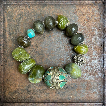 Ethno Armband Serpentin Grün Vintage Boho-Perle Türkis Labradorit 925 Silber Unikat Dehnbar