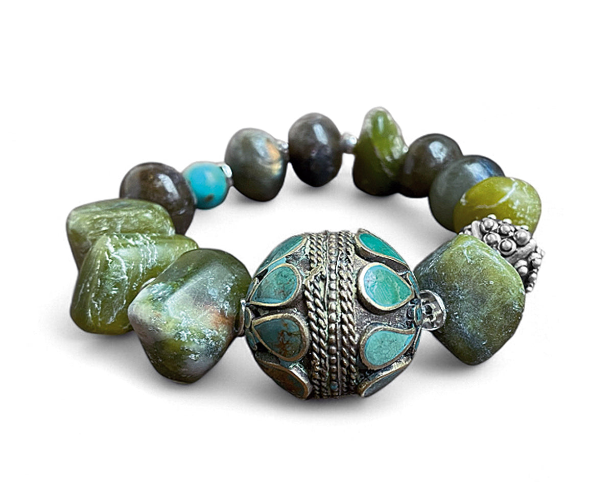 Ethno Armband Serpentin Grün Vintage Boho-Perle Türkis Labradorit 925 Sterling Silber Unikat Dehnbar