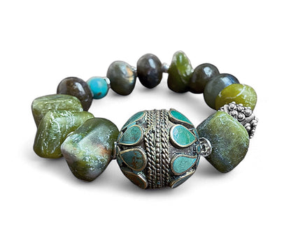 Ethno Armband Serpentin Grün Vintage Boho-Perle Türkis Labradorit 925 Sterling Silber Unikat Dehnbar