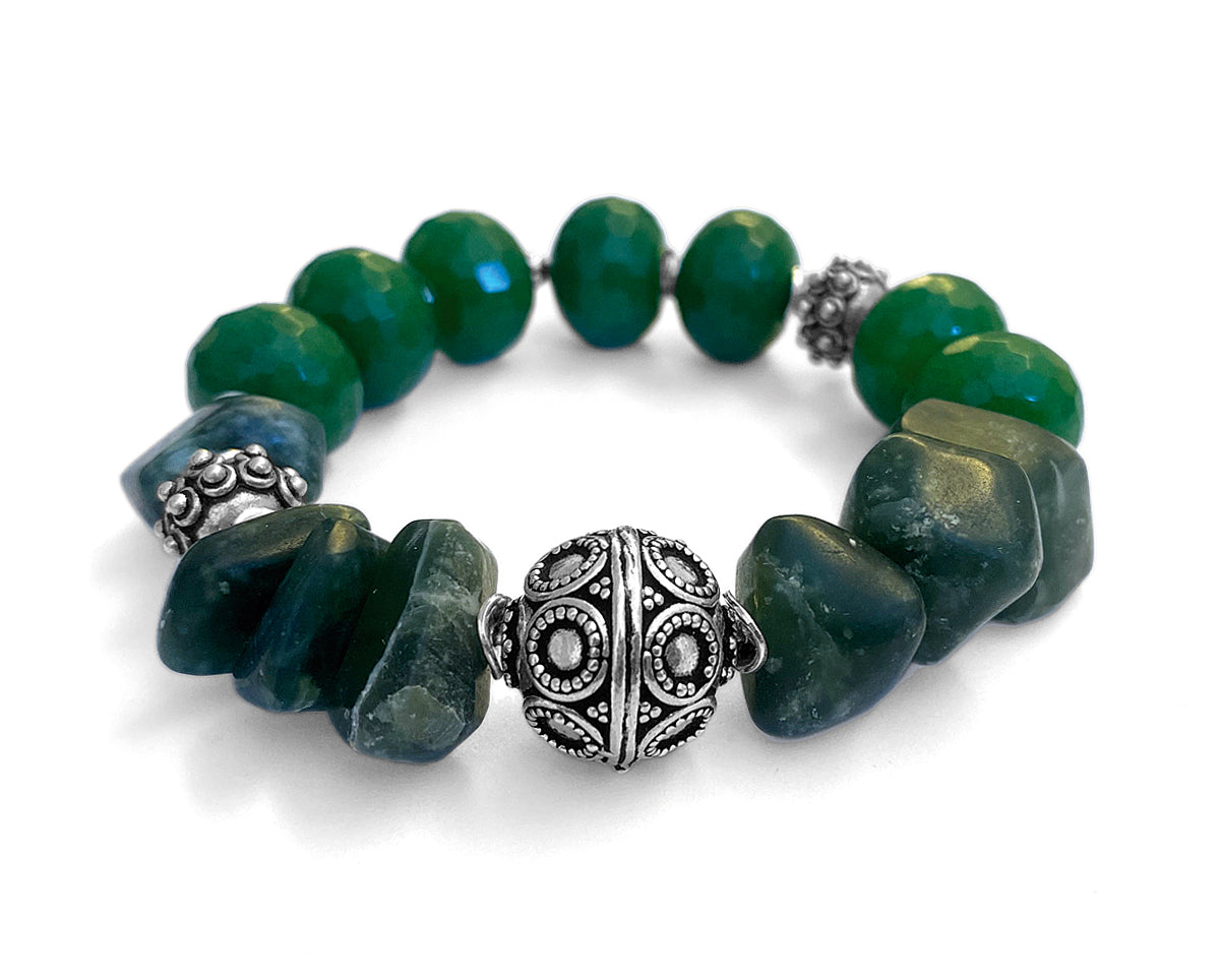 Armband Serpentin Jade Grün Ethno Boho 925 Sterling Silber Dehnbar Unisex Unikat