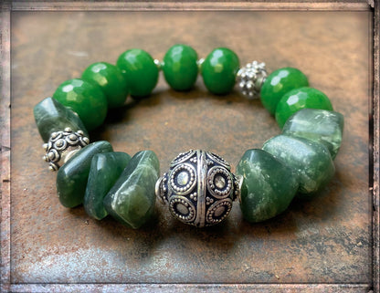Armband Serpentin Jade Grün Ethno Boho 925 Silber Dehnbar Unisex Unikat