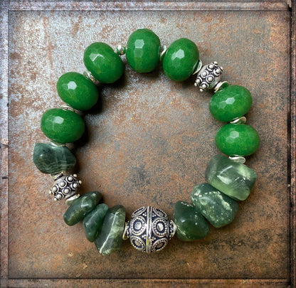 Armband Serpentin Jade Grün Ethno Boho Sterling Silber Dehnbar Unisex Unikat