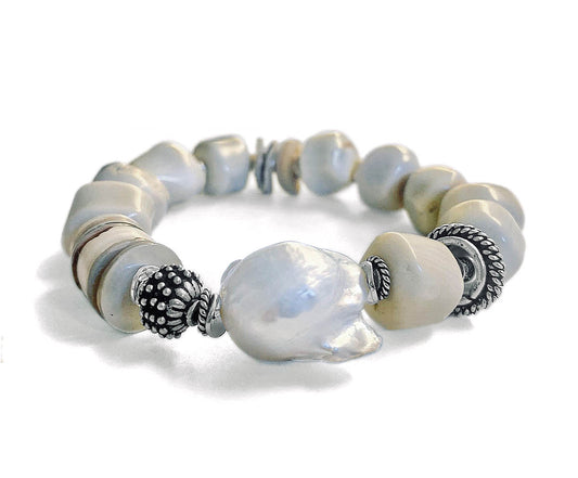 Armband Süßwasserperle Barock Bambuskoralle Naturfarben 925 Sterling Silber Dehnbar Unikat