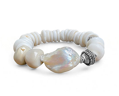 Armband Ethno Boho Süßwasserperle Barock Muscheln Weiß Silber Dehnbar Unikat