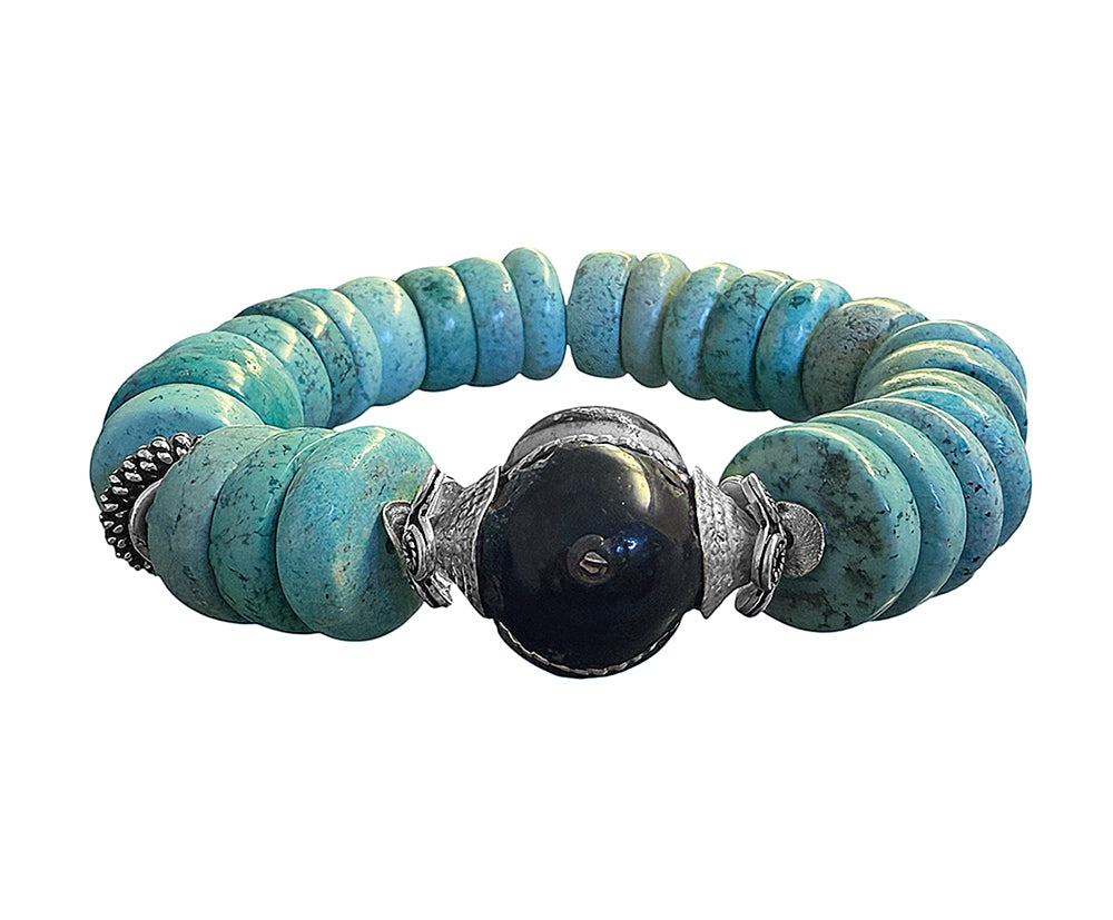 Armband Ethno Boho Türkis Hornperle Sterling Silber Dehnbar Unikat
