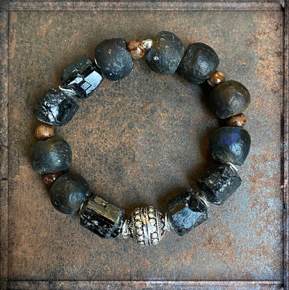 Armband Turmalin Rohstein Schwarz Ethno Boho Tribal Glasperlen Holzperlen 925 Silber Dehnbar Unikat