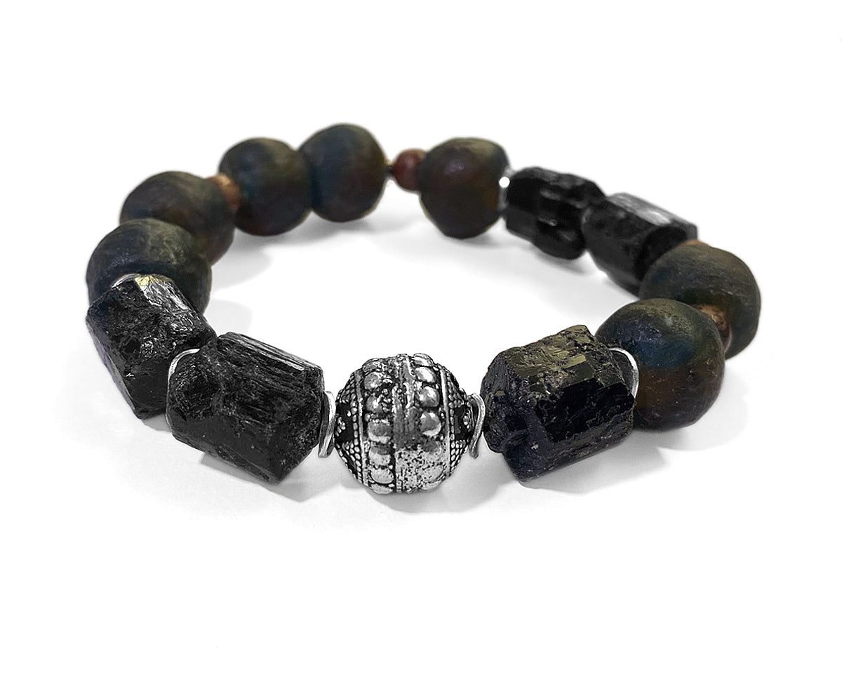 Armband Turmalin Rohstein Schwarz Ethno Boho Tribal Glasperlen Holzperlen Sterling Silber Dehnbar Unikat