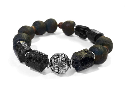 Armband Turmalin Rohstein Schwarz Ethno Boho Tribal Glasperlen Holzperlen Sterling Silber Dehnbar Unikat