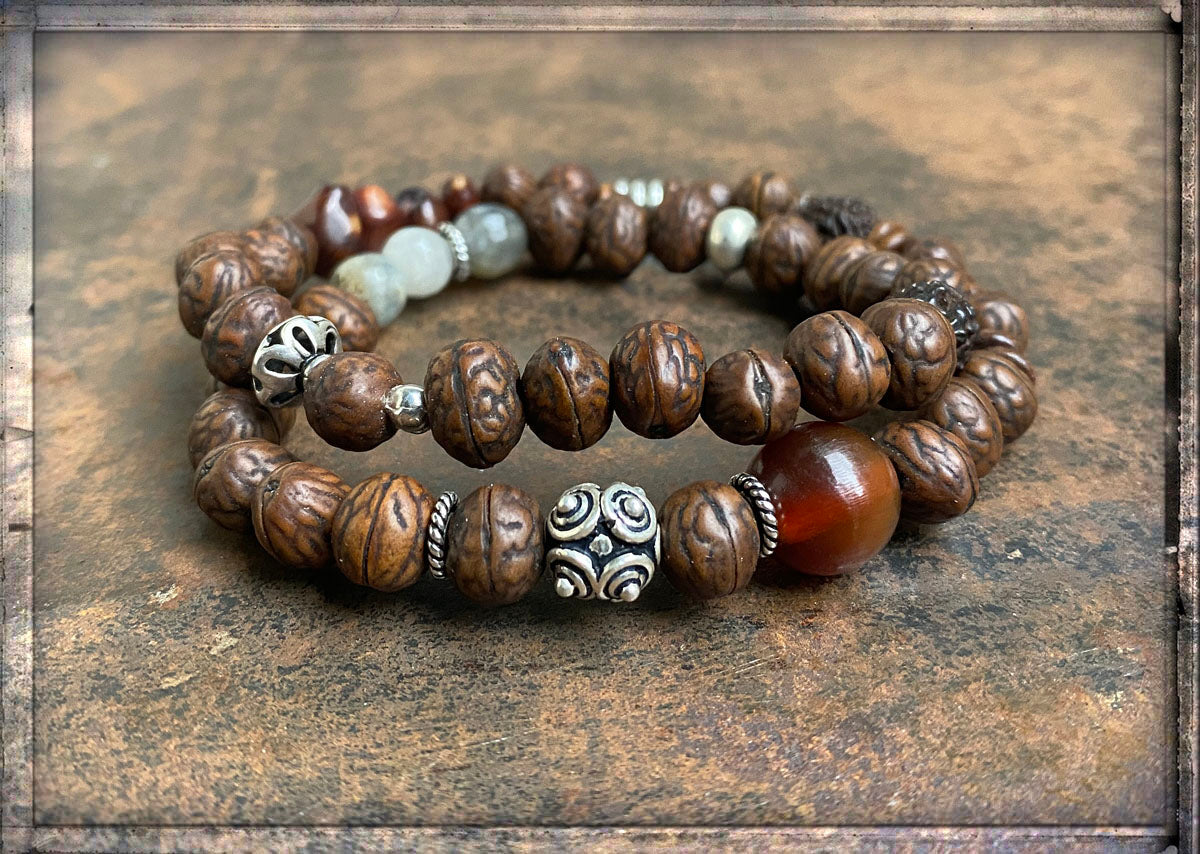 Ethno Boho Armband Doppelreihig Bodhi-Samen Rudraksha-Perlen Natursteine 925 Silber Dehnbar Unisex Unikat