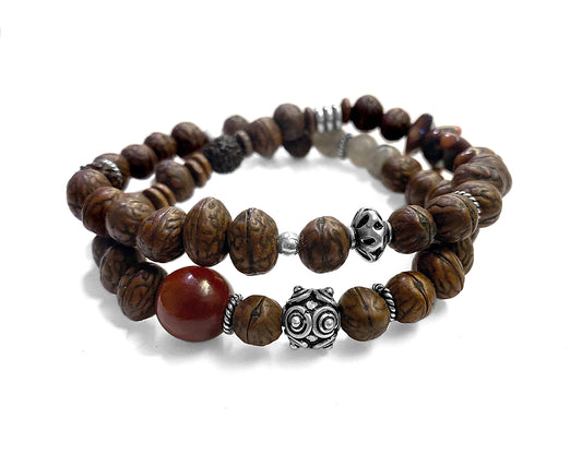 Ethno Boho Armband Doppelreihig Bodhi-Samen Rudraksha-Perlen Natursteine 925 Sterling Silber Dehnbar Unisex Unikat