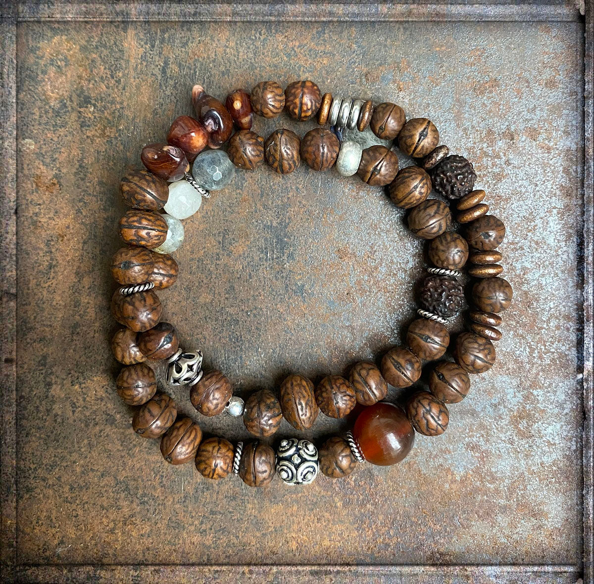 Ethno Boho Armband Doppelreihig Bodhi-Samen Rudraksha-Perlen Natursteine Sterling Silber Dehnbar Unisex Unikat