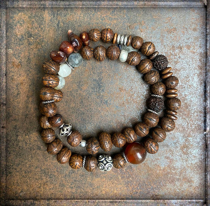 Ethno Boho Armband Doppelreihig Bodhi-Samen Rudraksha-Perlen Natursteine Sterling Silber Dehnbar Unisex Unikat