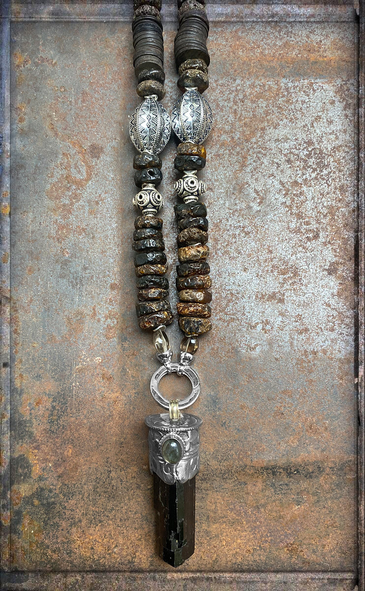 Bernstein Kette Ethno Boho Bodhi Samen 925 Silber 115 cm Lang Anhänger Pyrit Unikat