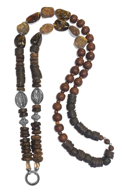 Bernstein Kette Ethno Boho Bodhi Samen Sterling Silber 115 cm Lang Unikat