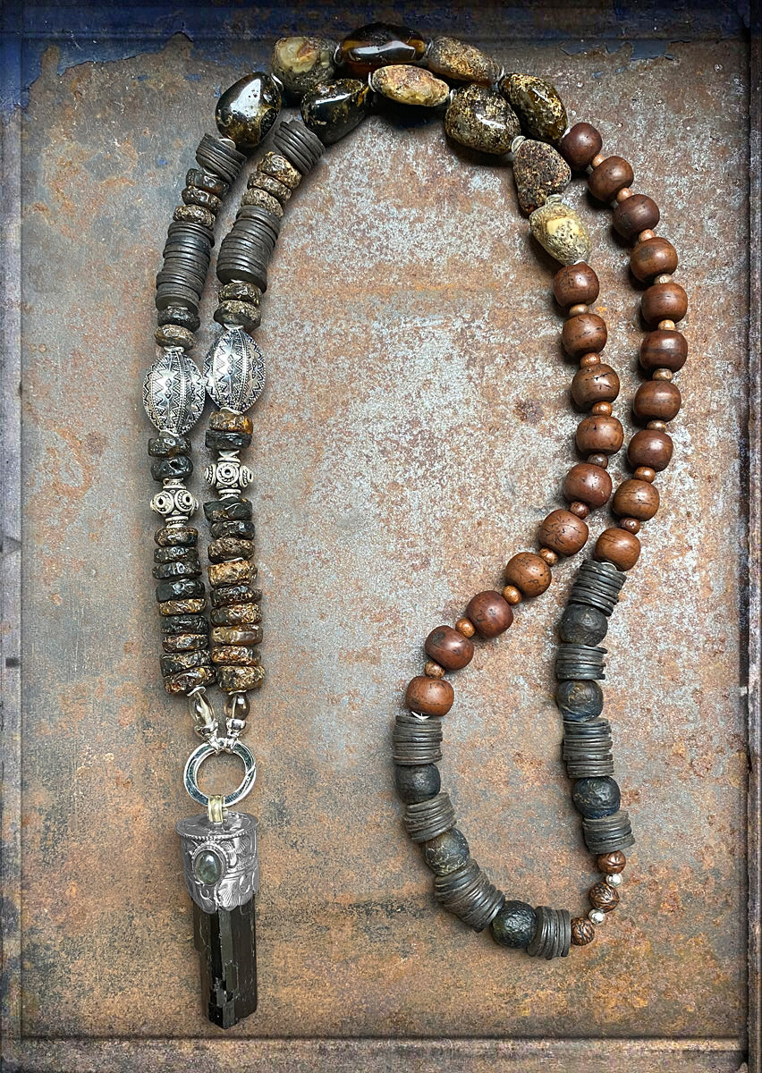Bernstein Kette Ethno Boho Bodhi Samen Pyrit Anhänger 925 Sterling Silber 115 cm Lang Unikat