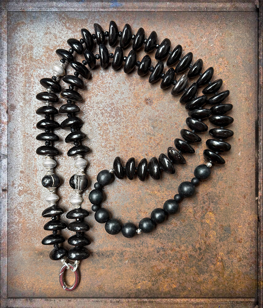 Kette Horn Ethno Boho Schwarz Lang 925 Sterling Silber Unikat 