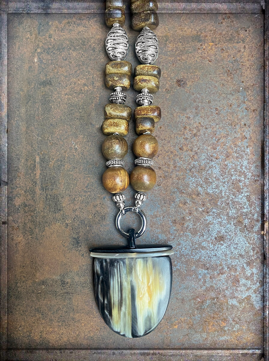 Ethno Boho Hornkette Matt 115 cm Lang Hornanhänger 925 Silber Statement Unikat