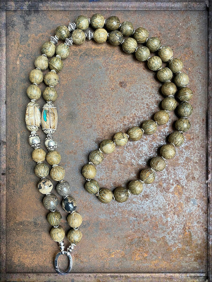 Ethno Boho Jaspis Kette Lang Naturfarben Lederperlen Tribalperlen 925 Sterling Silber Statement Unikat
