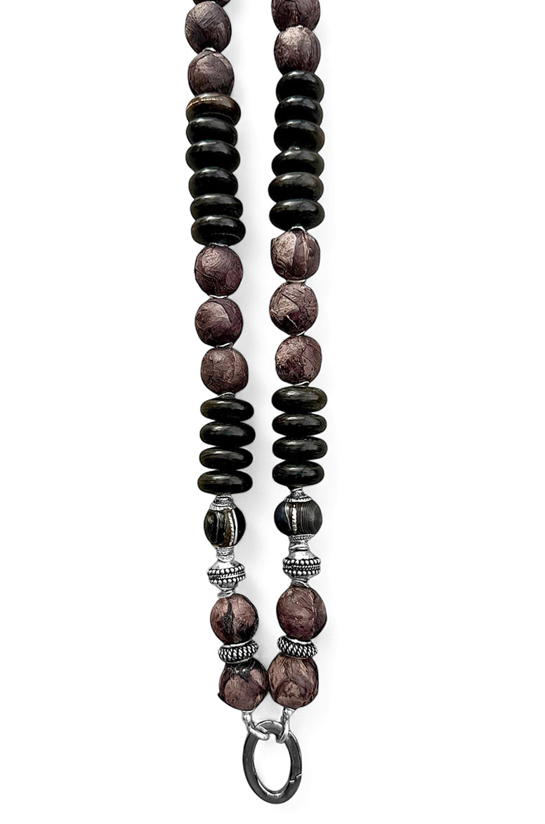 Kette Horn Ethno Boho Lederperlen 925 Silber Lang Statement Unikat