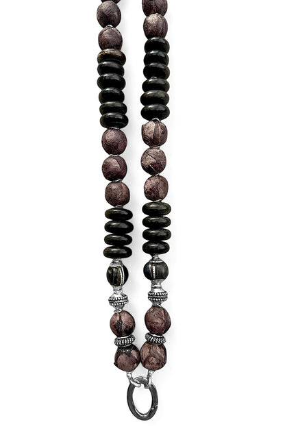 Kette Horn Ethno Boho Lederperlen 925 Silber Lang Statement Unikat