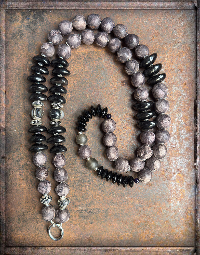 Horn Kette Lang Ethno Boho Lederperlen Sterling Silber Unikat Schmuck Reichenberger