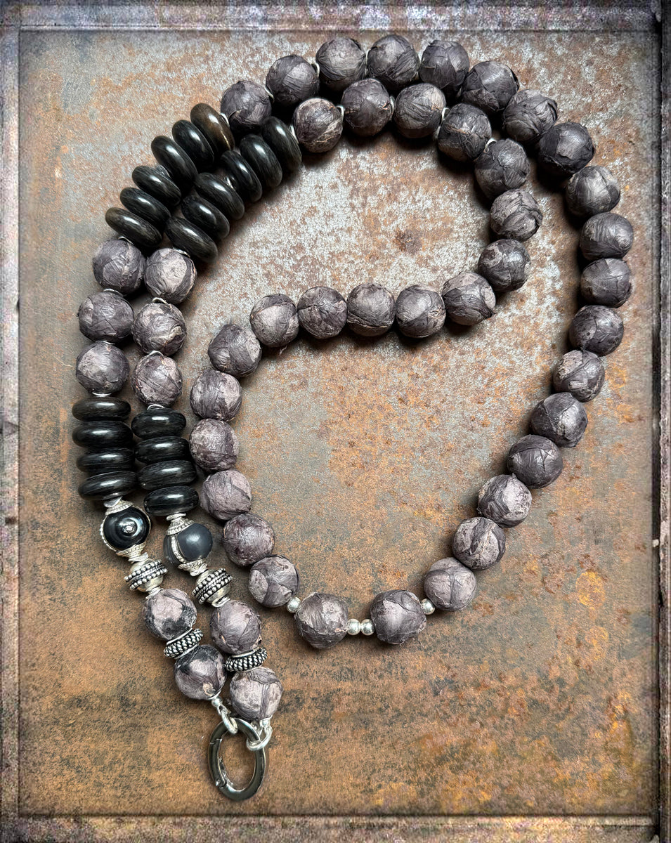 Kette Horn Ethno Boho Lederperlen 925 Silber Lang Unikat