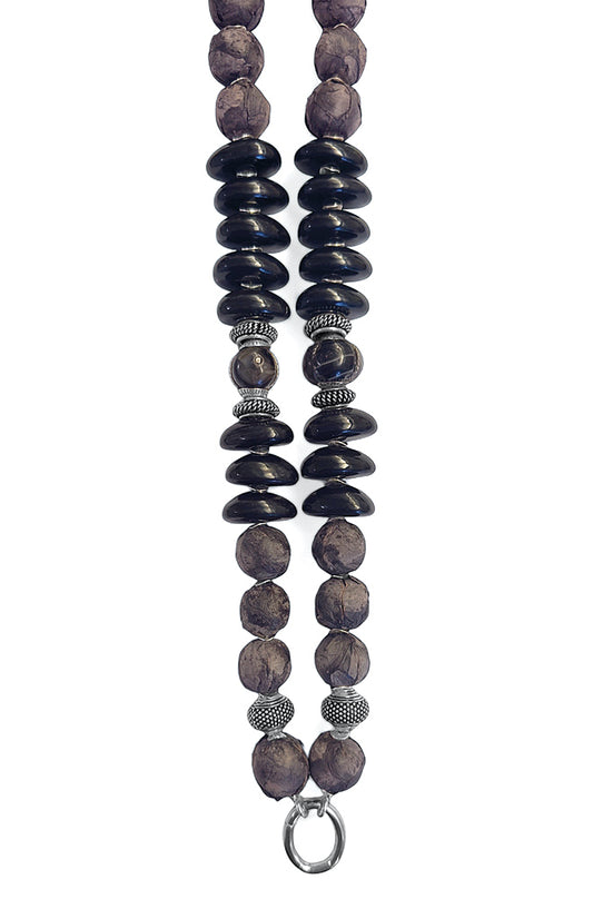 Horn Kette Lang Ethno Boho Lederperlen Sterling Silber Unikat 