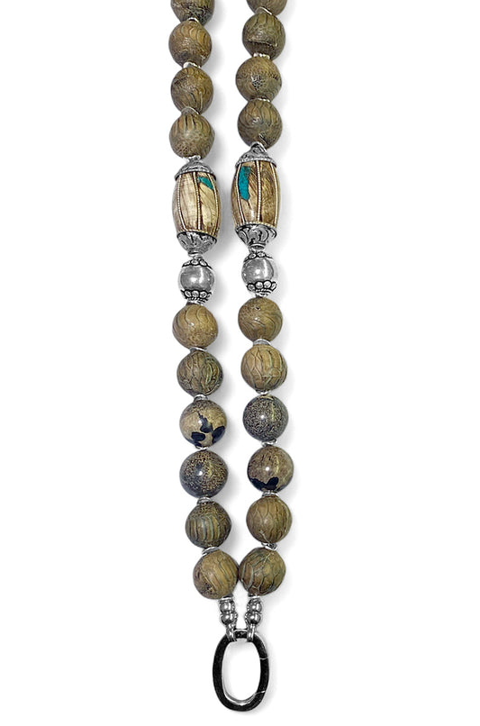 Ethno Boho Jaspis Kette Lang Naturfarben Lederperlen Tribalperlen 925 Sterling Silber Unikat