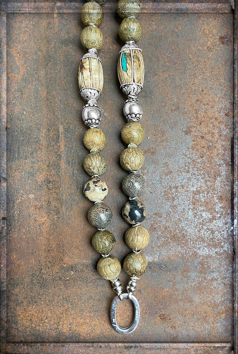 Ethno Boho Jaspis Kette Lang Naturfarben Lederperlen Tribalperlen 925 Silber Unikat