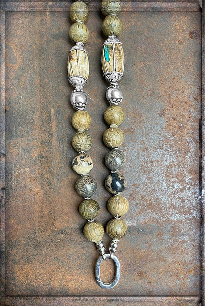 Ethno Boho Jaspis Kette Lang Naturfarben Lederperlen Tribalperlen 925 Silber Unikat