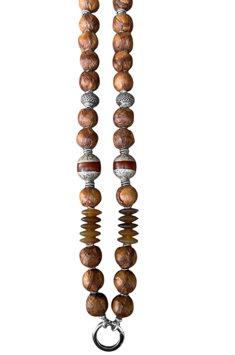 Kette Lederperlen Cognac Ethno Horn Lang 925 Silber Statement Unikat
