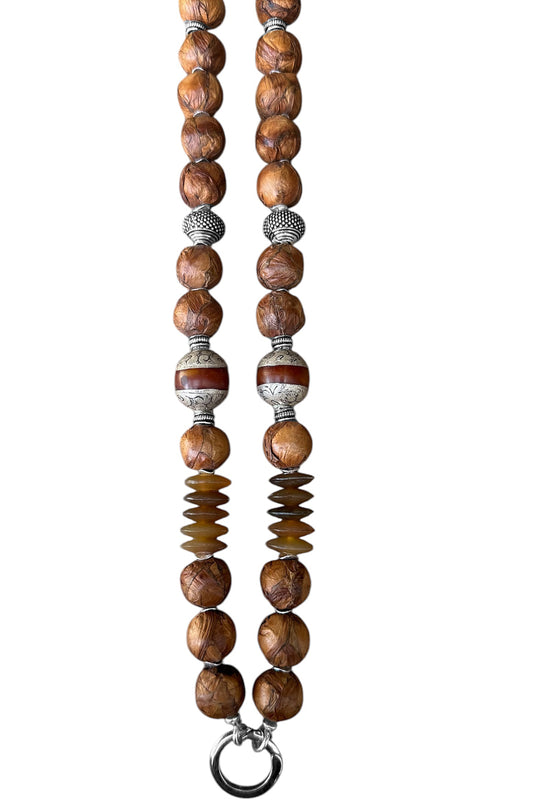 Kette Lederperlen Cognac Ethno Horn Lang 925 Silber Statement Unikat