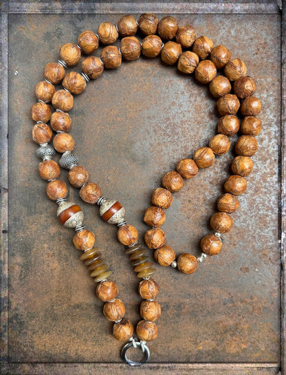Kette Lederperlen Horn Cognac Ethno Boho Lang Statement 925 Silber Unikat
