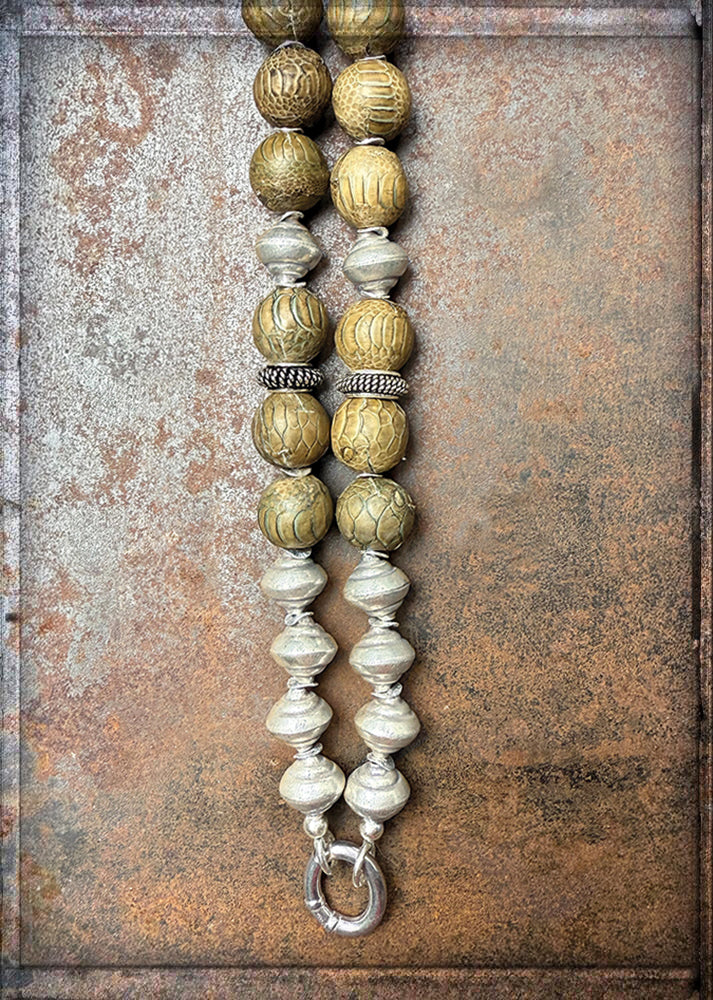 Kette Ethno Boho Lederperlen Lang 925 Silber Unikat Schmuck Reichenberger