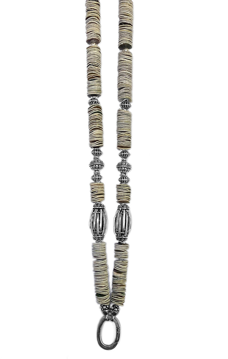 Ethno Boho Kette Muschelscheiben Natur Tribal Glasperlen 925 Silber 115 cm Lang Unikat