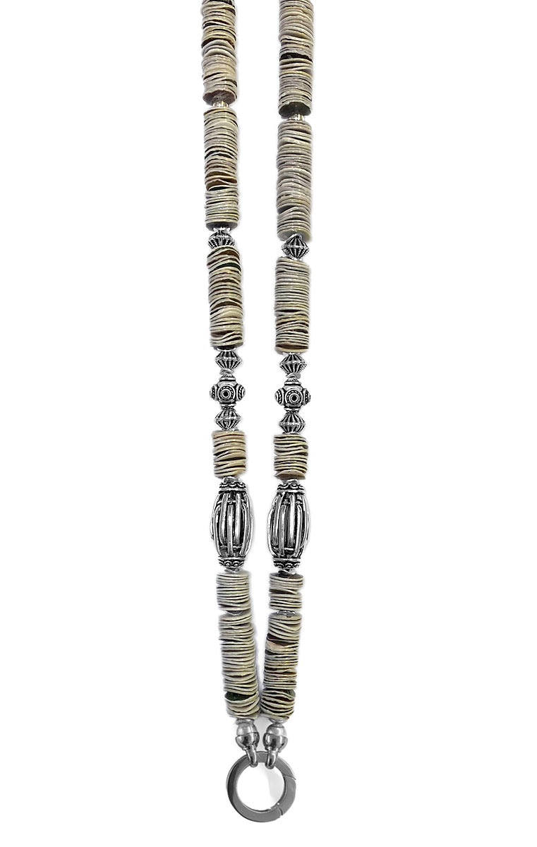 Ethno Boho Kette Muschelscheiben Naturfarben Tribal Glasperlen 925 Sterling Silber 115 cm Lang Unikat